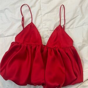 Zara Red Satin Spaghetti Strap Babydoll Top